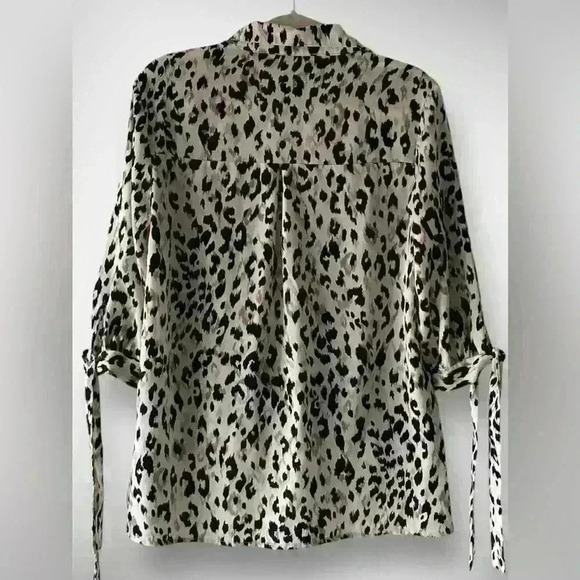 LEOPARD Print WRAP Front BLOUSE With Tie Sleeves High Low Black White Small - Picture 2 of 8